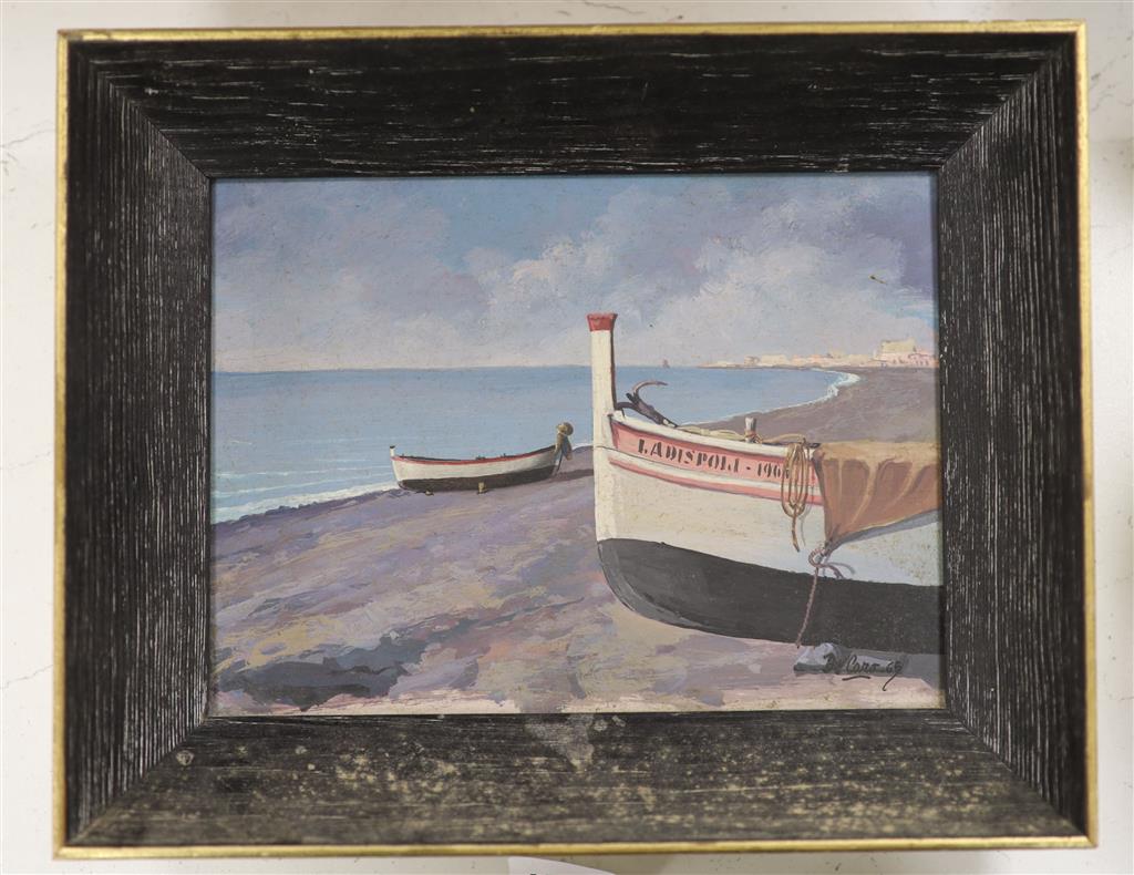 Paulo de Caro, oil oil board, Mare di Ladispoli, signed and dated 65, 14 x 19cm